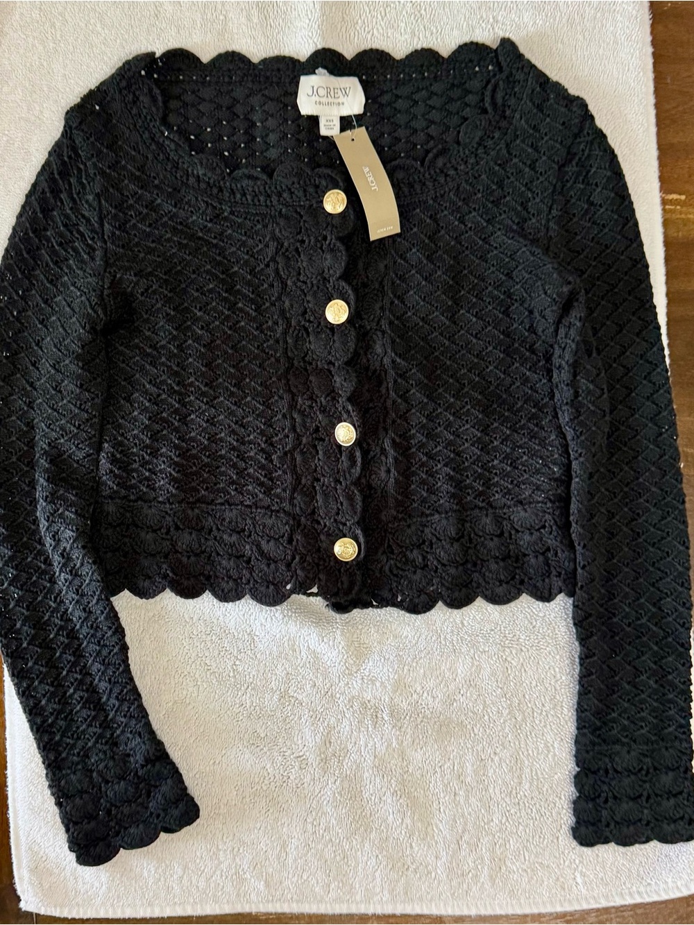 J. Crew Black Scallop-Edge Cropped Cable Cardigan with Gold Buttons - Picture 2 of 5